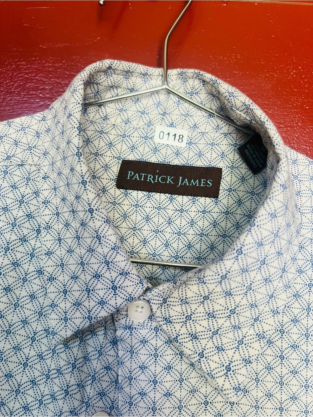 Patrick James White Button-Down Shirt with Blue Micro Pattern